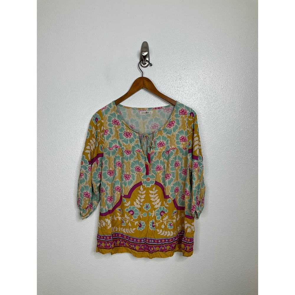 Natural Life‎ Women S Mustard Yellow Floral Boho Peasant Blouse 3/4 Sleeve Top